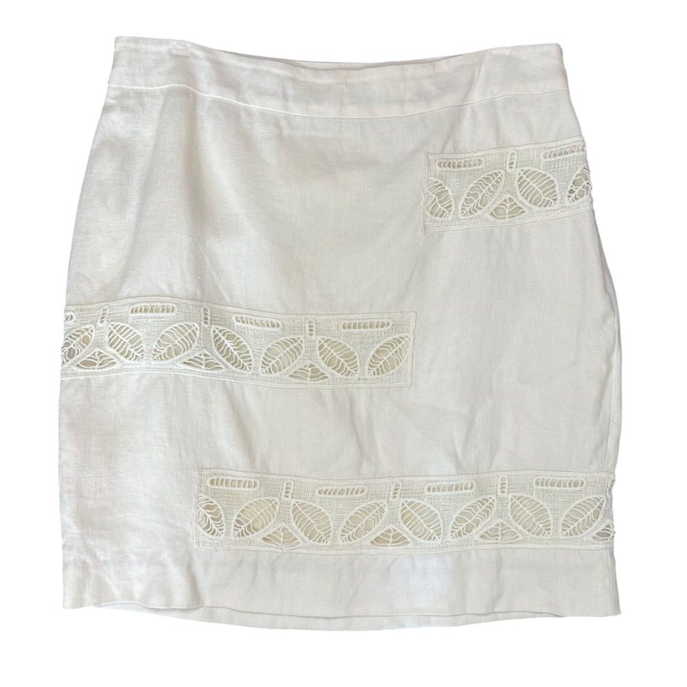 Moulinette Soeurs Anthropologie White Linen Lace Leaf Mini Skirt Size 6 Side Zip